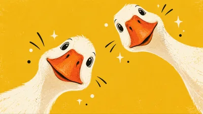 Two Cute Cartoon Geese Looking Down
