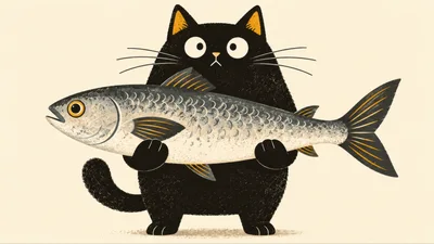 Illustration Of A Black Cat Holding A Large Fish