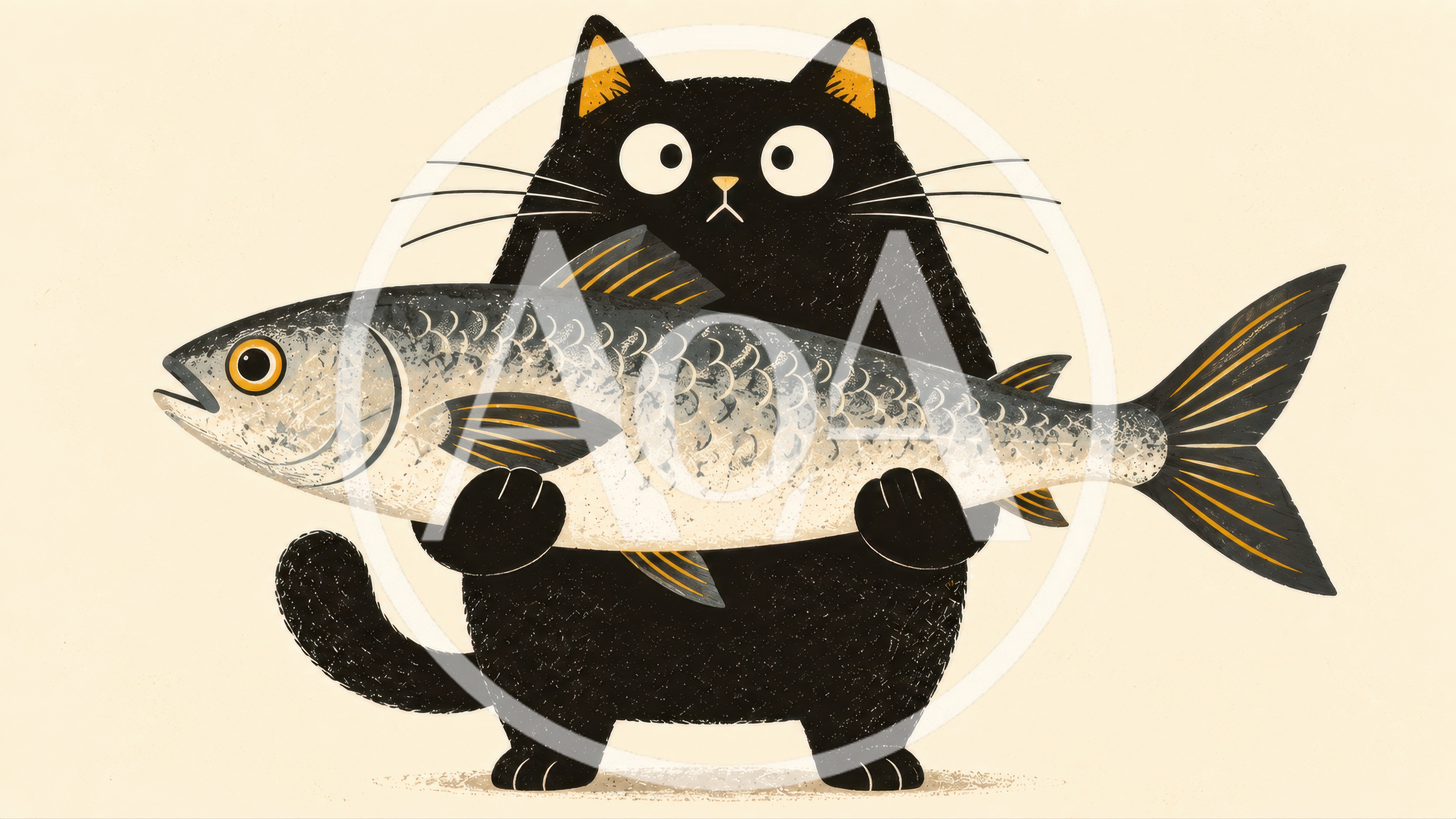 Illustration Of A Black Cat Holding A Large Fish