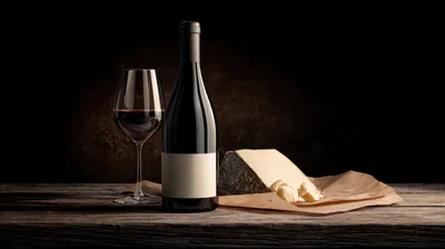 Red Wine Bottle Glass and Cheese on Wooden Table