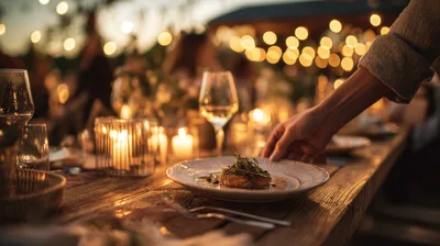 Waiter Serving Gourmet Dish At Outdoor Evening Dinner Party