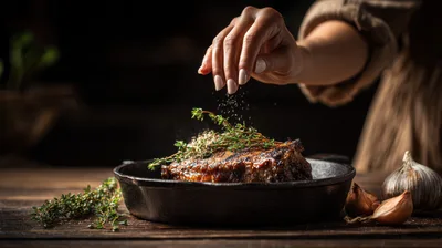 Chef Seasoning A Seared Steak In Cast Iron Skillet