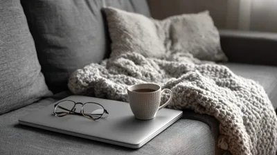Cozy Workspace Setup With Laptop Coffee And Glasses