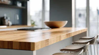 Modern Kitchen Island With Wooden Countertop And Bar Stools