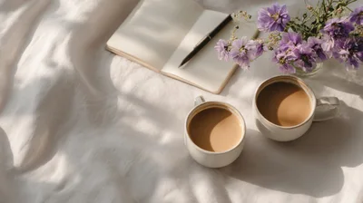 Two Cups Of Coffee With A Notebook And Flowers
