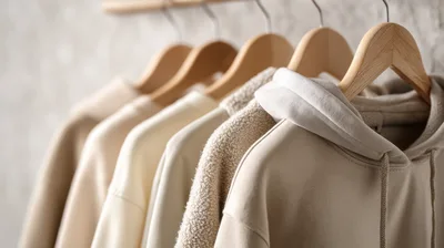 Beige Hoodies And Jackets Hanging On Wooden Hangers