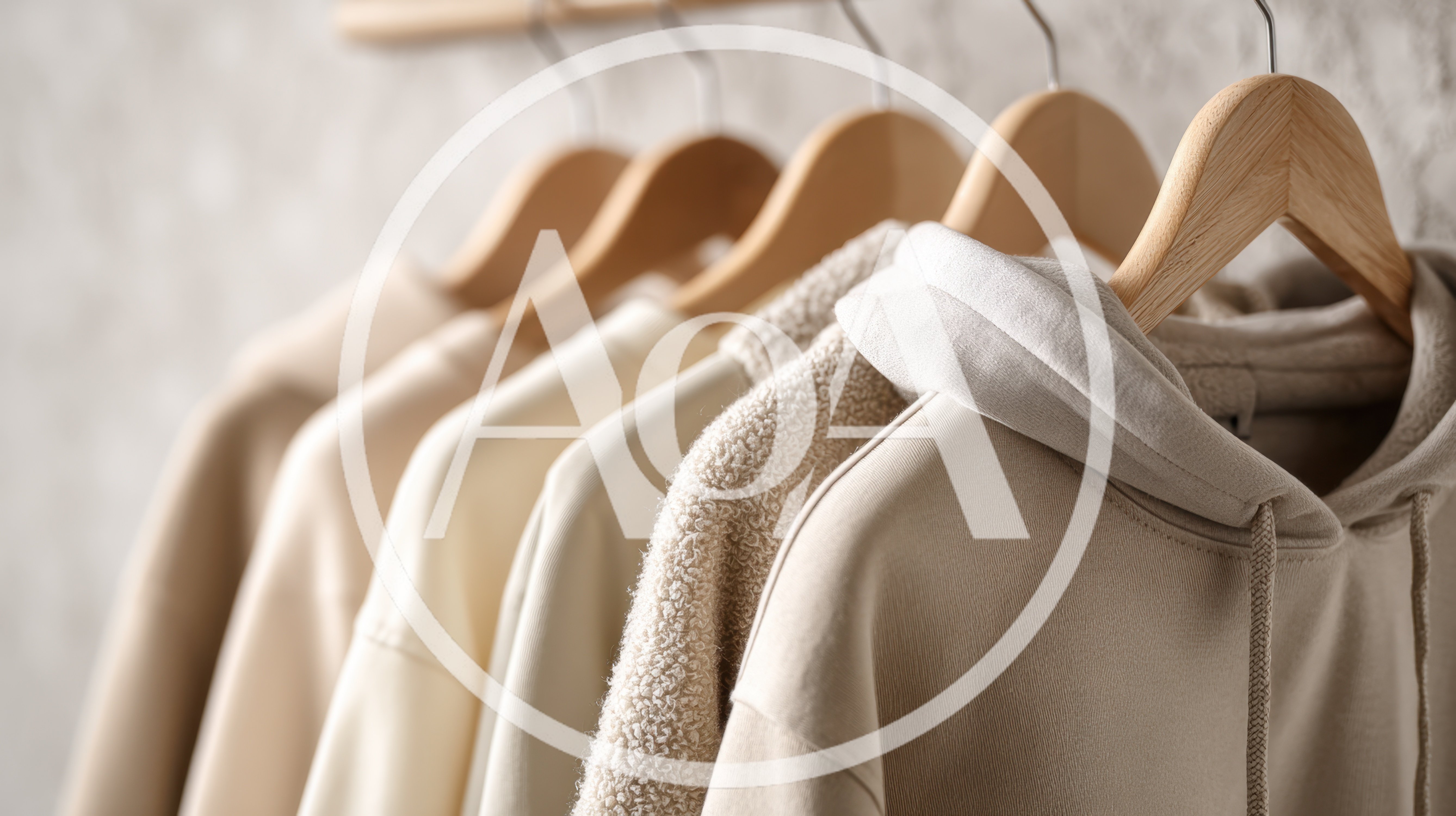Beige Hoodies And Jackets Hanging On Wooden Hangers