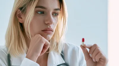 Female Doctor Holding A Pill In Thought