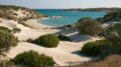 Scenic Coastal Landscape With White Sand Dunes And Turquoise Water