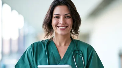 Smiling Female Doctor Holding Tablet In Hospital