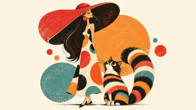 Stylish Woman With Polka Dot Dress And Striped Cat