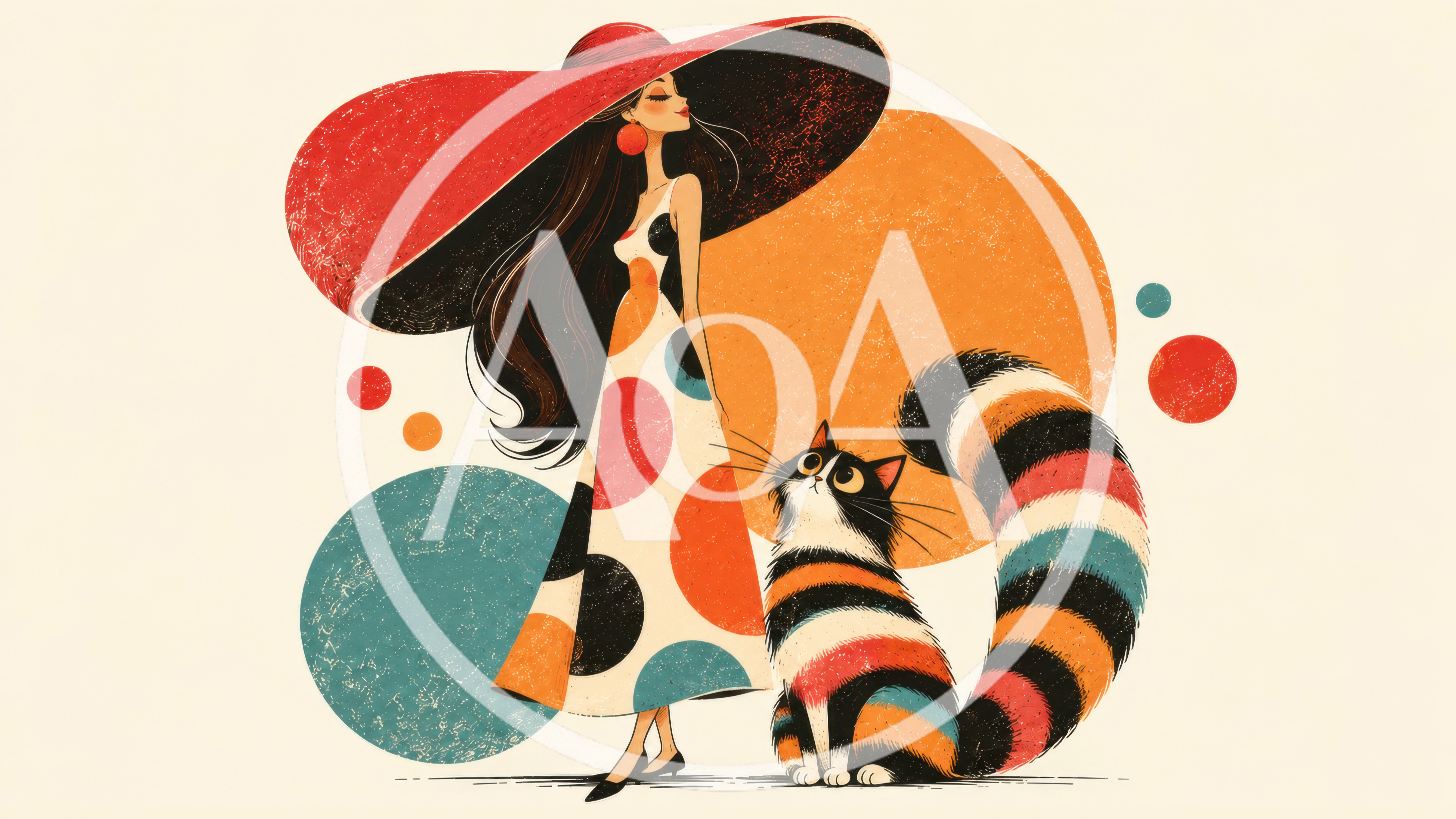Stylish Woman With Polka Dot Dress And Striped Cat