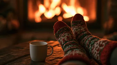 Person Relaxing With Hot Drink By A Cozy Fireplace
