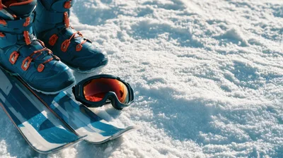 Ski Boots and Goggles on Snowy Mountain Slope