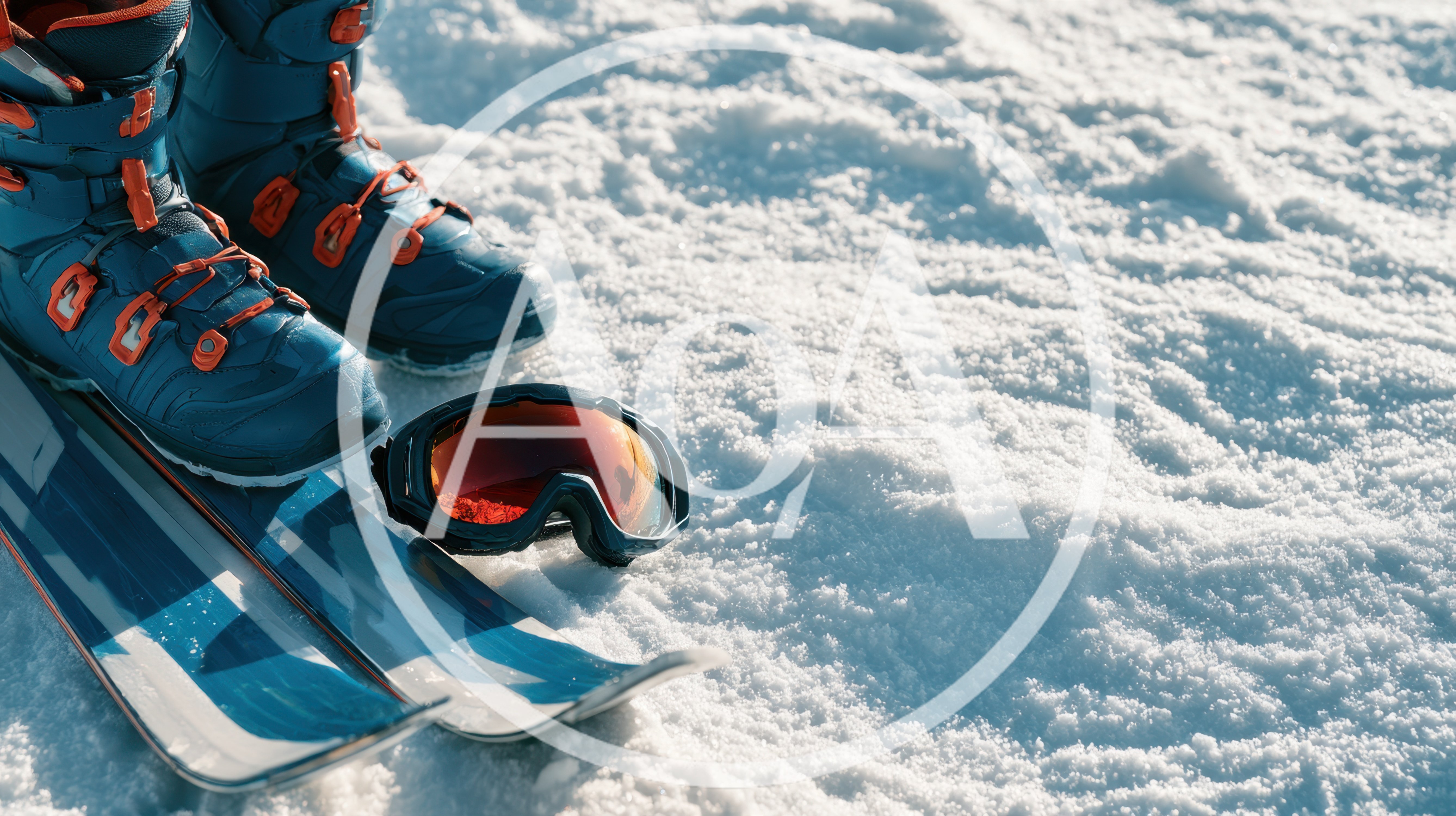 Ski Boots and Goggles on Snowy Mountain Slope