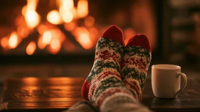 Person Relaxing With Warm Socks By A Cozy Fireplace