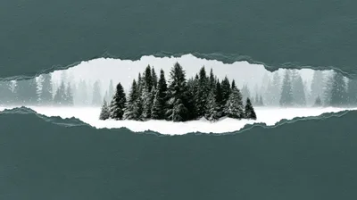 Winter Pine Forest Seen Through Torn Paper Frame