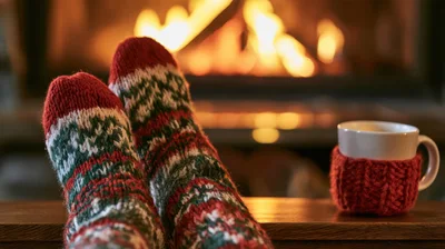 Feet In Woolen Socks Relaxing By A Cozy Fireplace