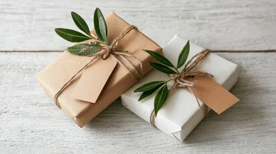 Two Gift Boxes Wrapped In Paper With Green Leaves
