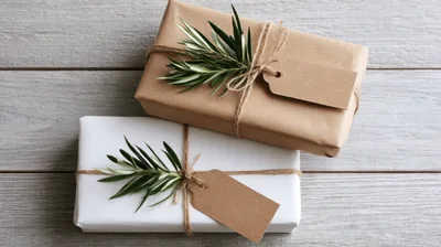 Two Wrapped Gift Boxes With Olive Sprigs