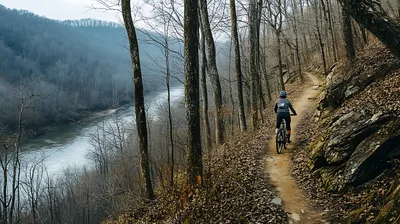 Mountain Biker Riding Along A Scenic River Trail