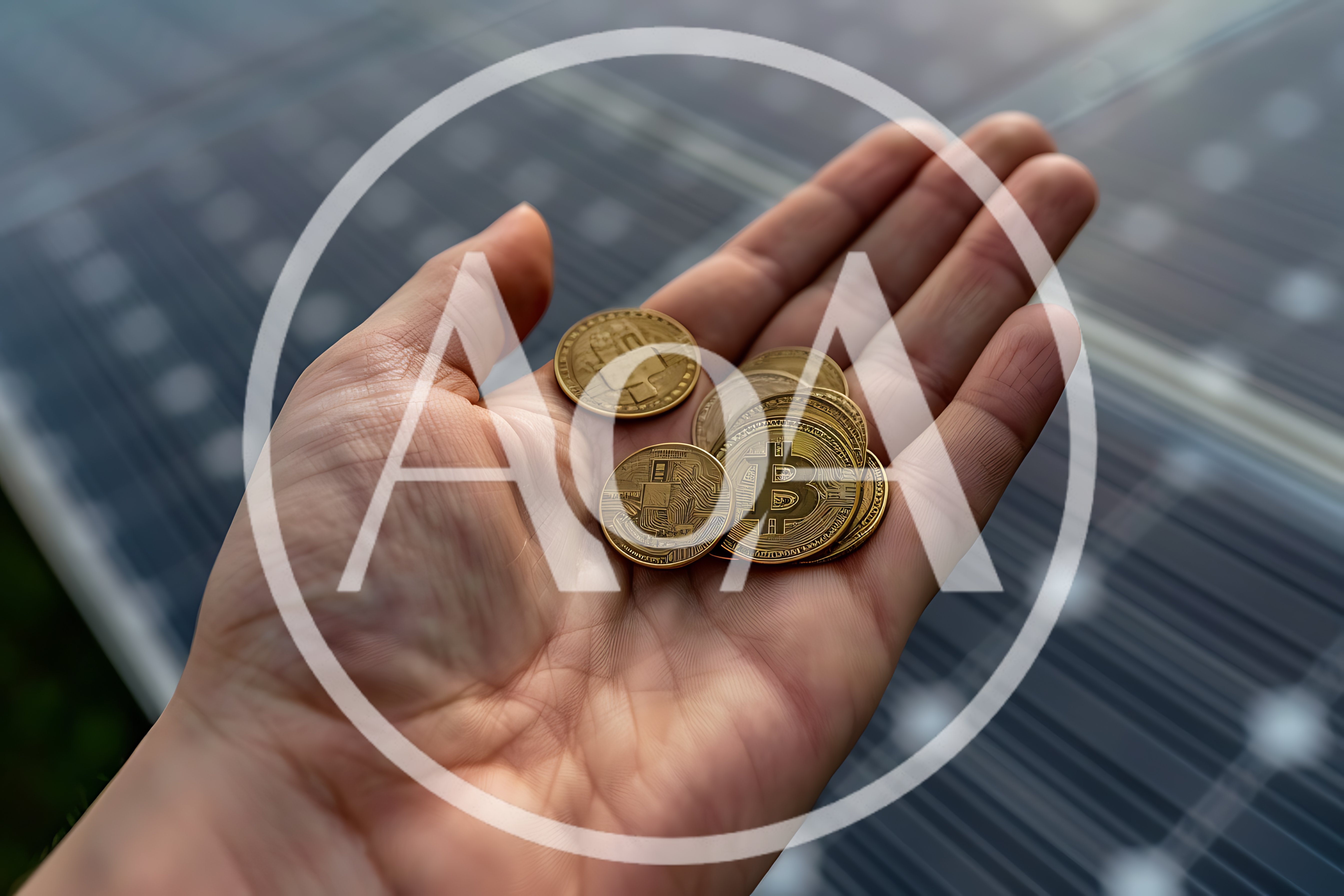 Hand Holding Bitcoin Coins Over Solar Panels