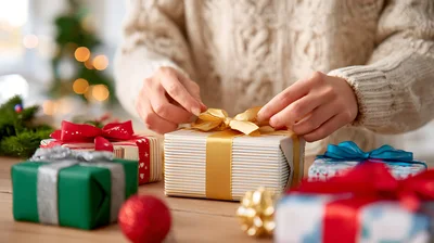 Person Wrapping Christmas Gift With Gold Ribbon