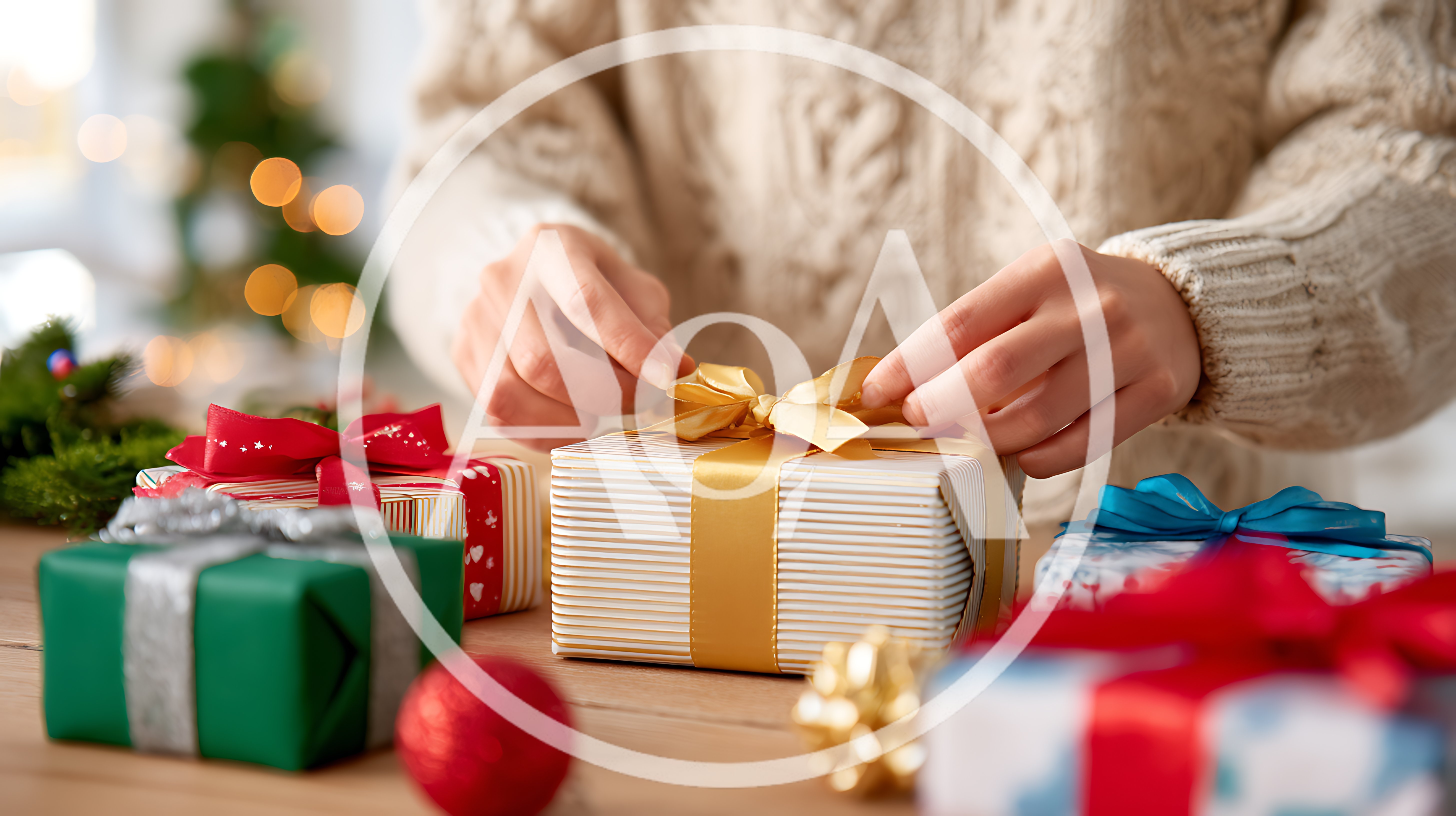 Person Wrapping Christmas Gift With Gold Ribbon
