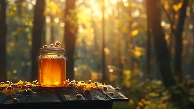 Honey Jar Surrounded By Bees On A Wooden Table