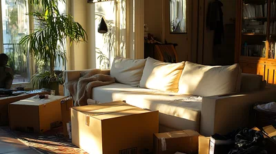 Living Room Interior With Moving Boxes And Sofa