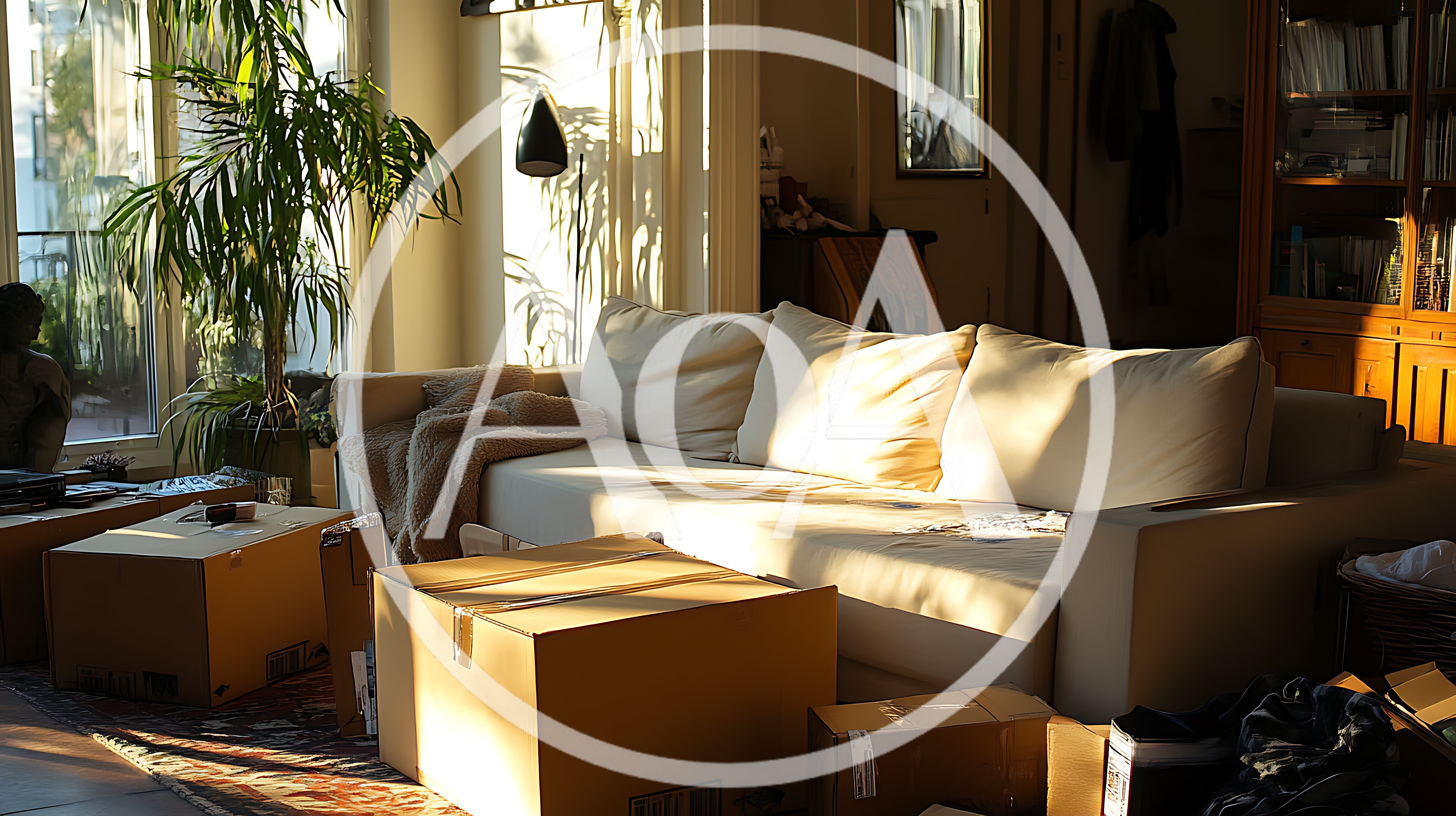 Living Room Interior With Moving Boxes And Sofa