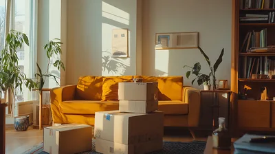 Cardboard Moving Boxes In A Sunlit Living Room