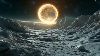 Glowing Celestial Body Over A Barren Alien Landscape