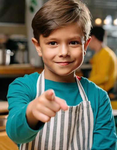 Young Boy Wearing Apron Pointing At Camera
