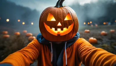 Person With Pumpkin Head Taking A Selfie