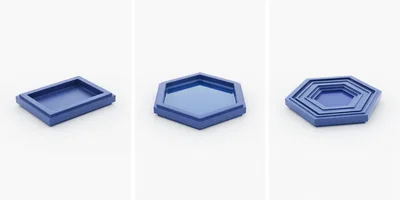 Three Blue Geometric Trays on White Background