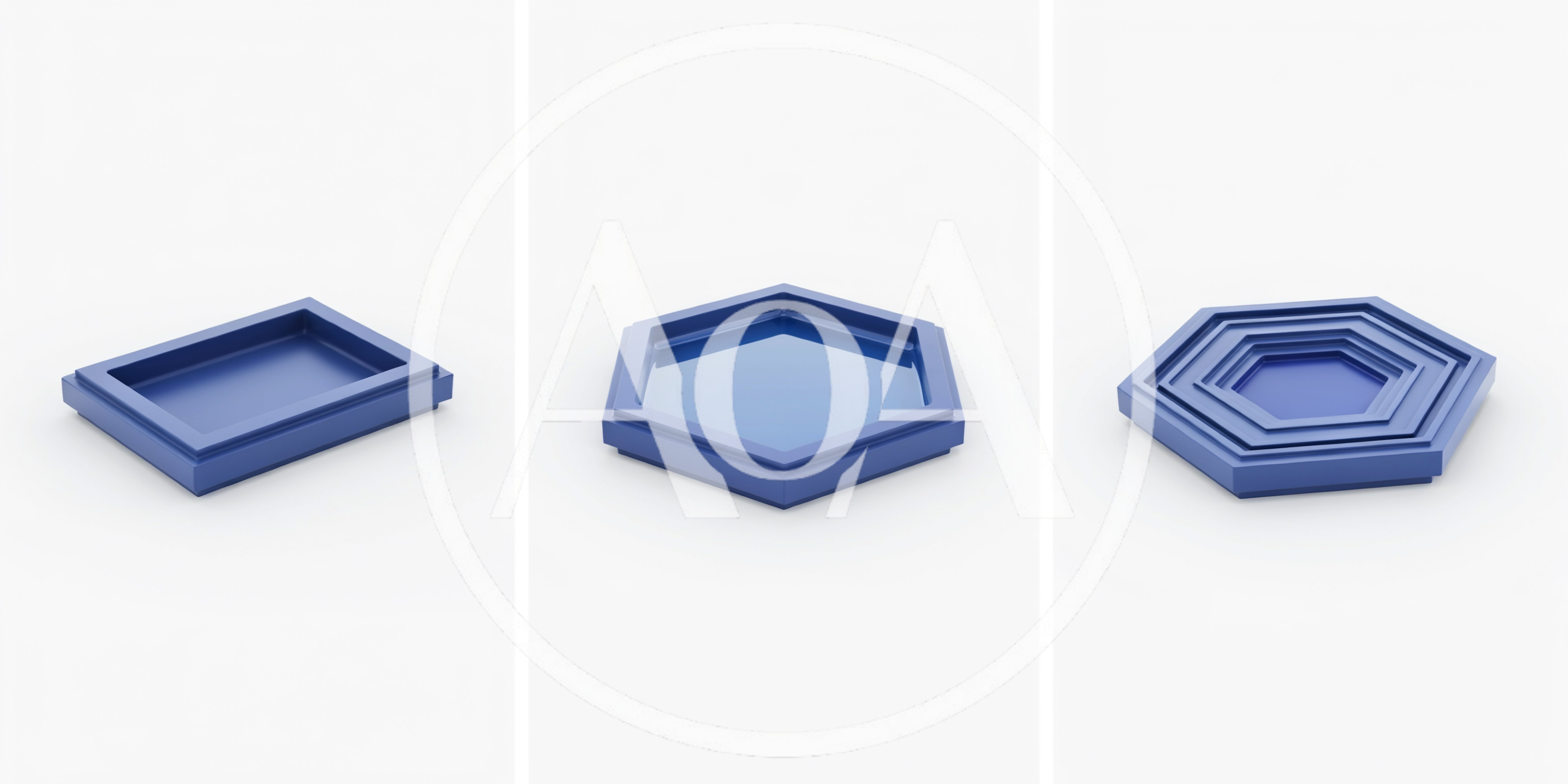 Three Blue Geometric Trays on White Background