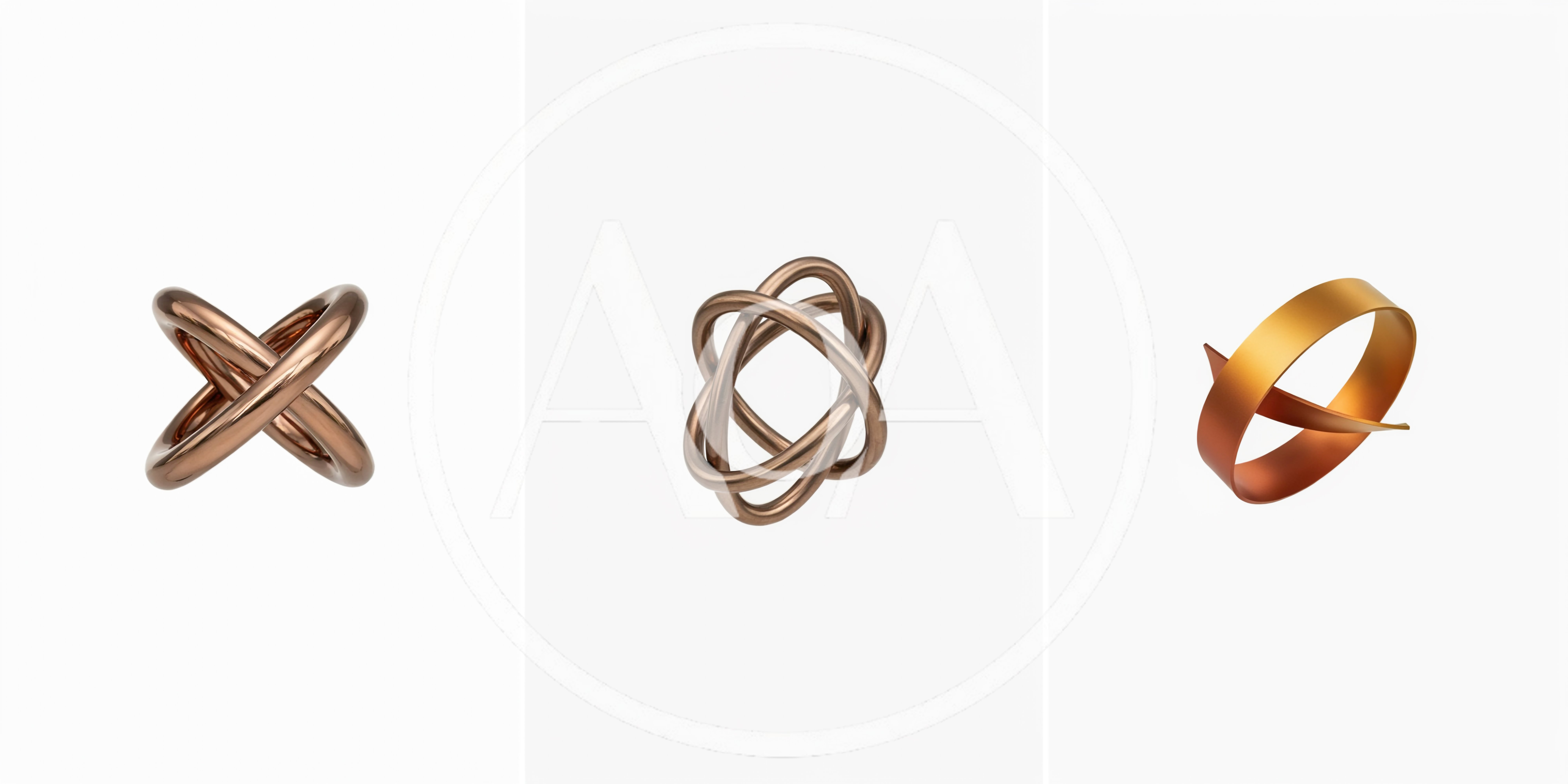 Three Abstract Metallic Geometric Sculptures On White Background
