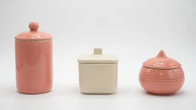 Three Decorative Ceramic Jars On White Background