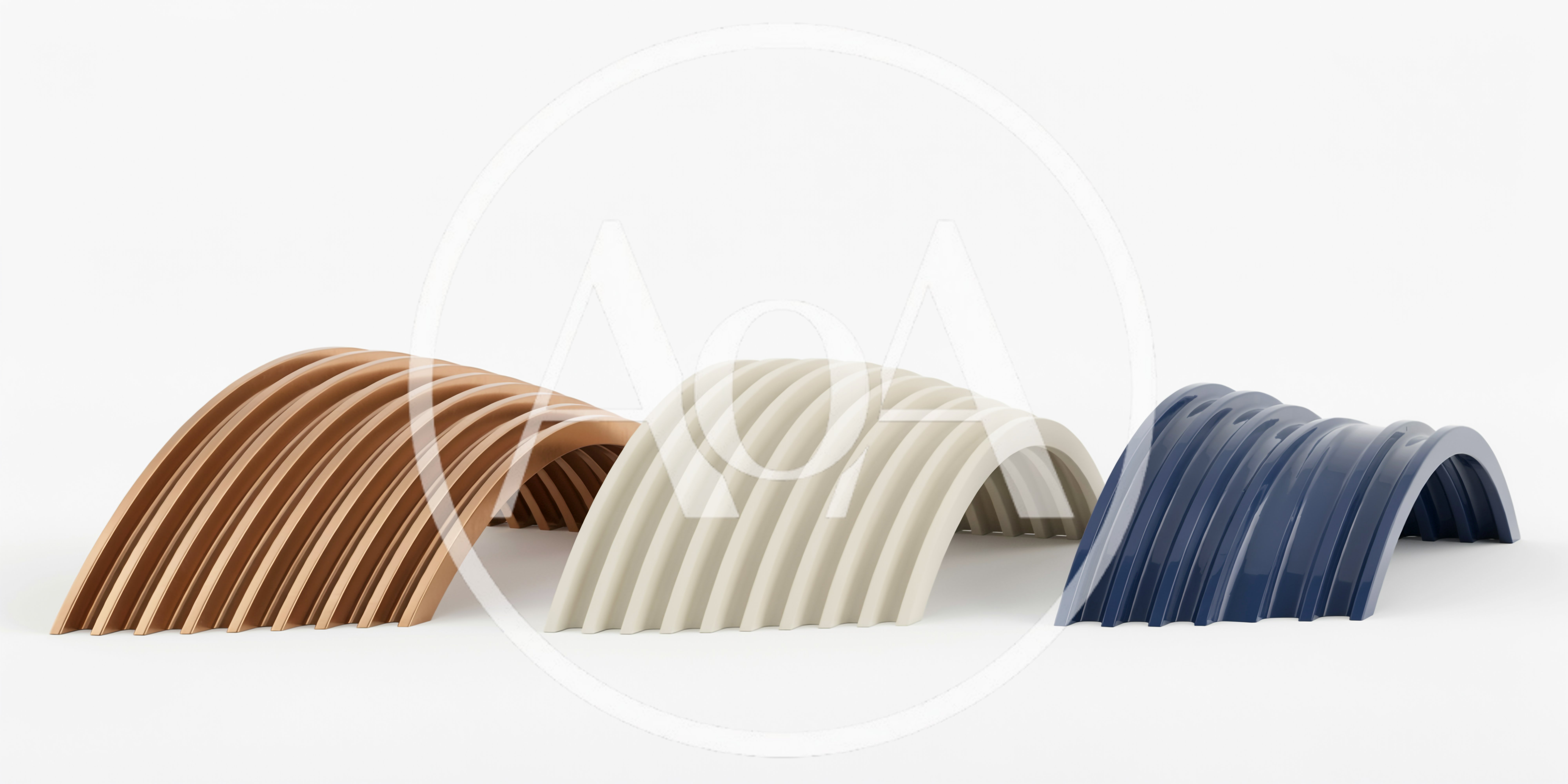 Three Curved Corrugated Metal Arch Structures