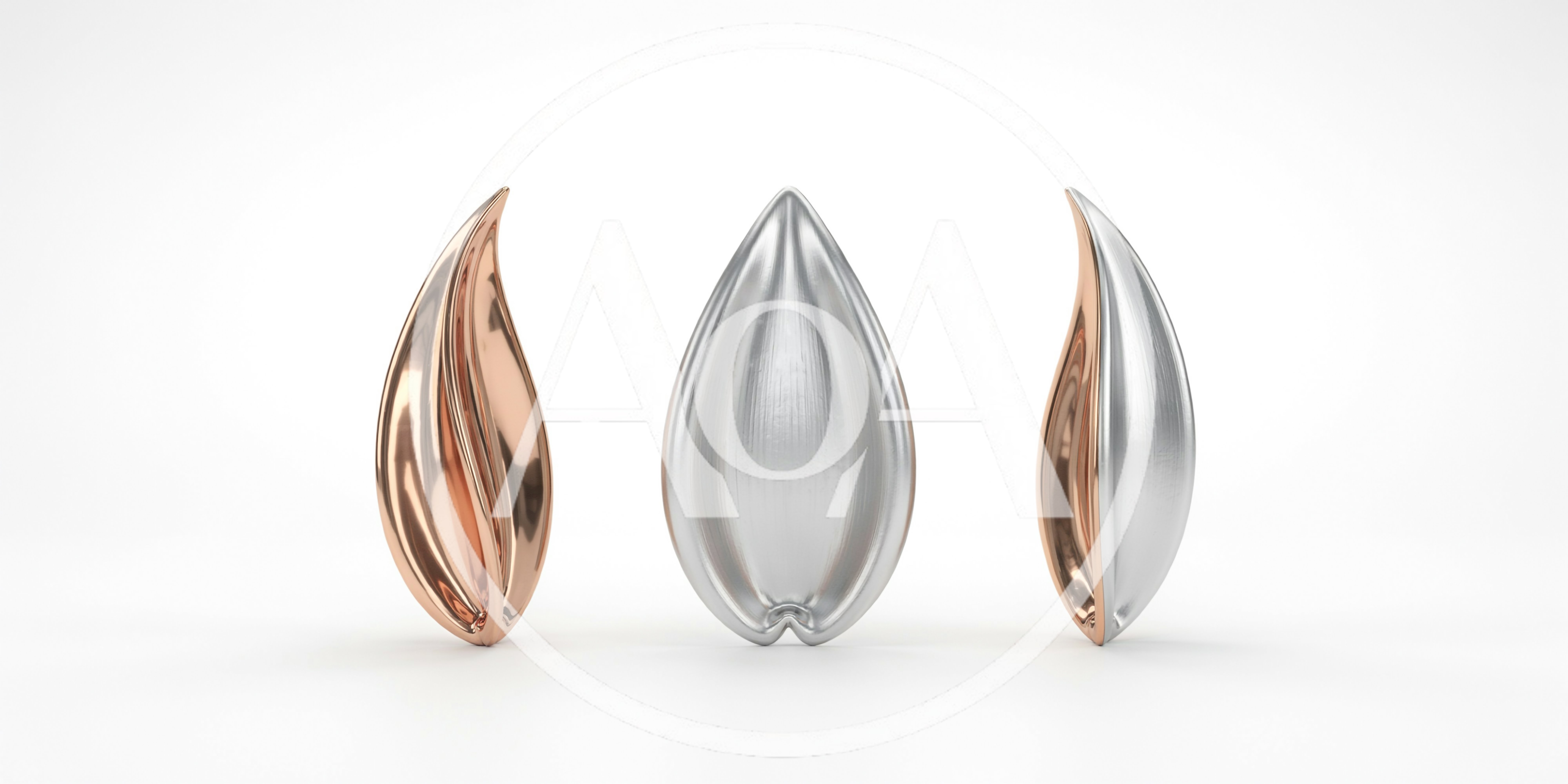Three Abstract Metallic Sculptures On White Background