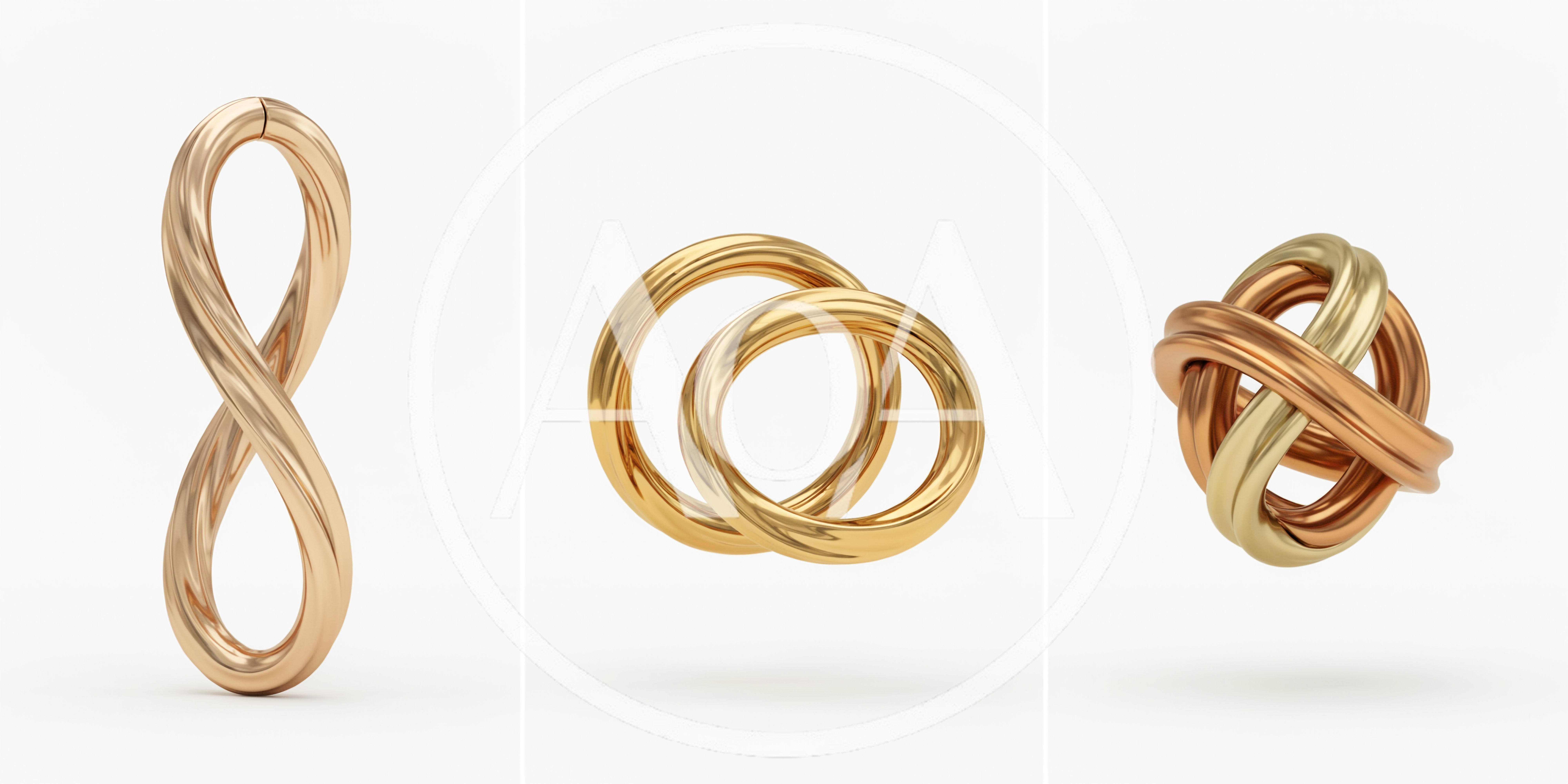 Three Abstract Gold Metal Geometric Sculptures