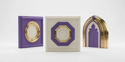 Three Decorative Architectural Wall Panels With Gold Accents