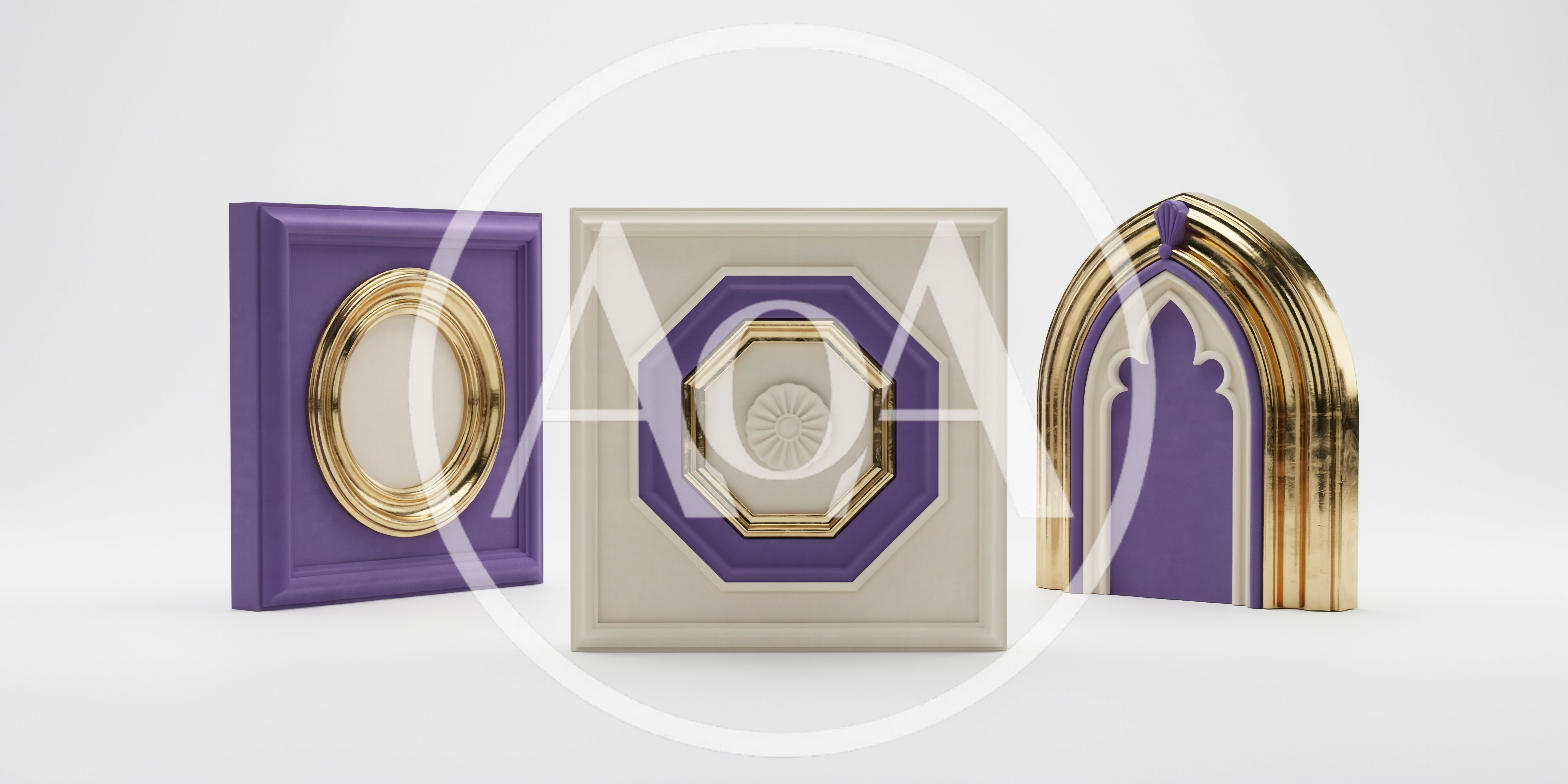 Three Decorative Architectural Wall Panels With Gold Accents