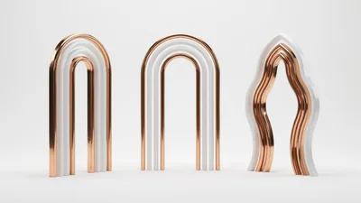 Three Abstract Metallic And White Arch Sculptures