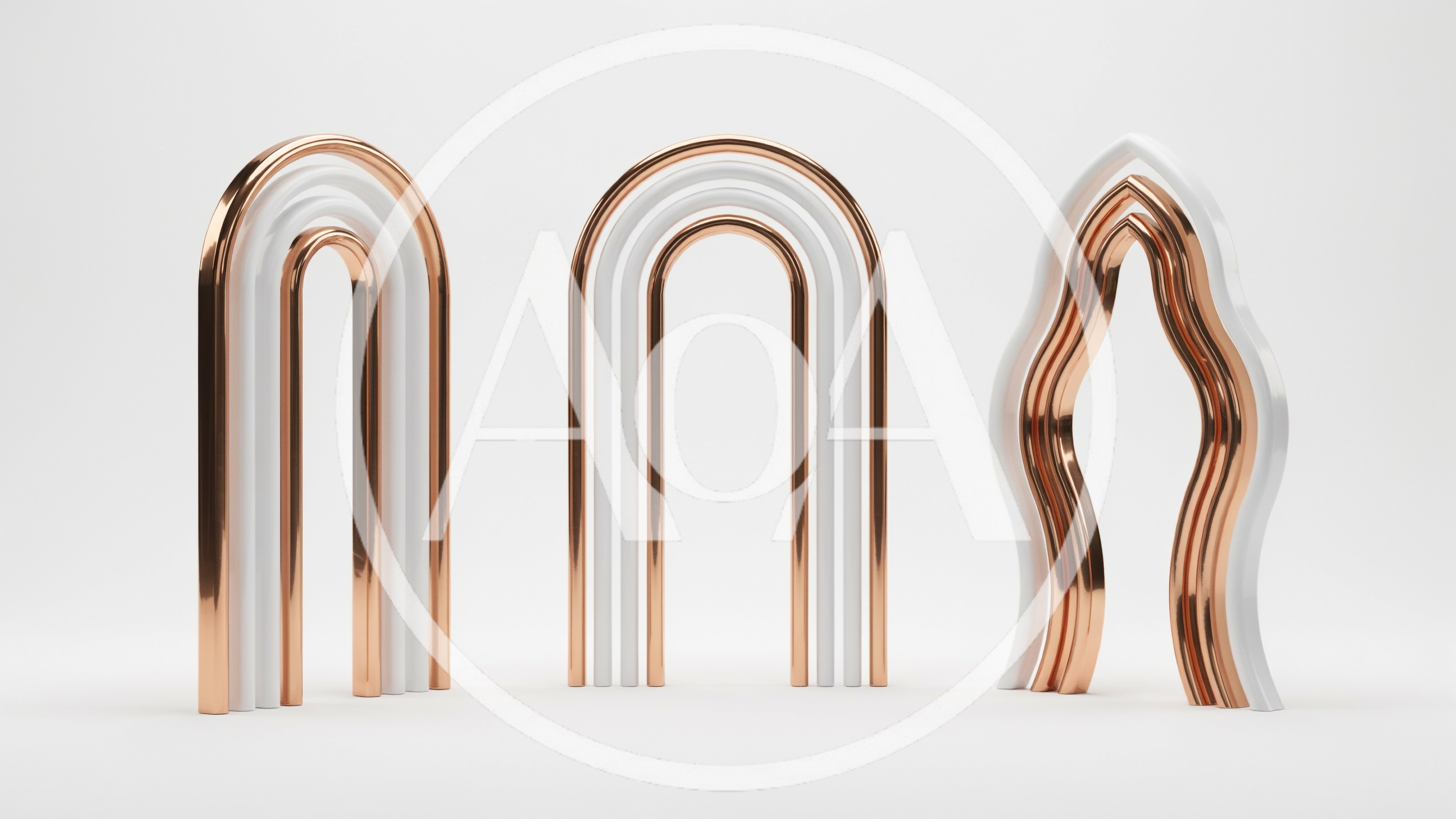 Three Abstract Metallic And White Arch Sculptures