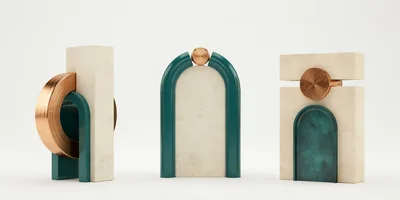 Abstract Geometric Sculptures With Teal And Copper Accents