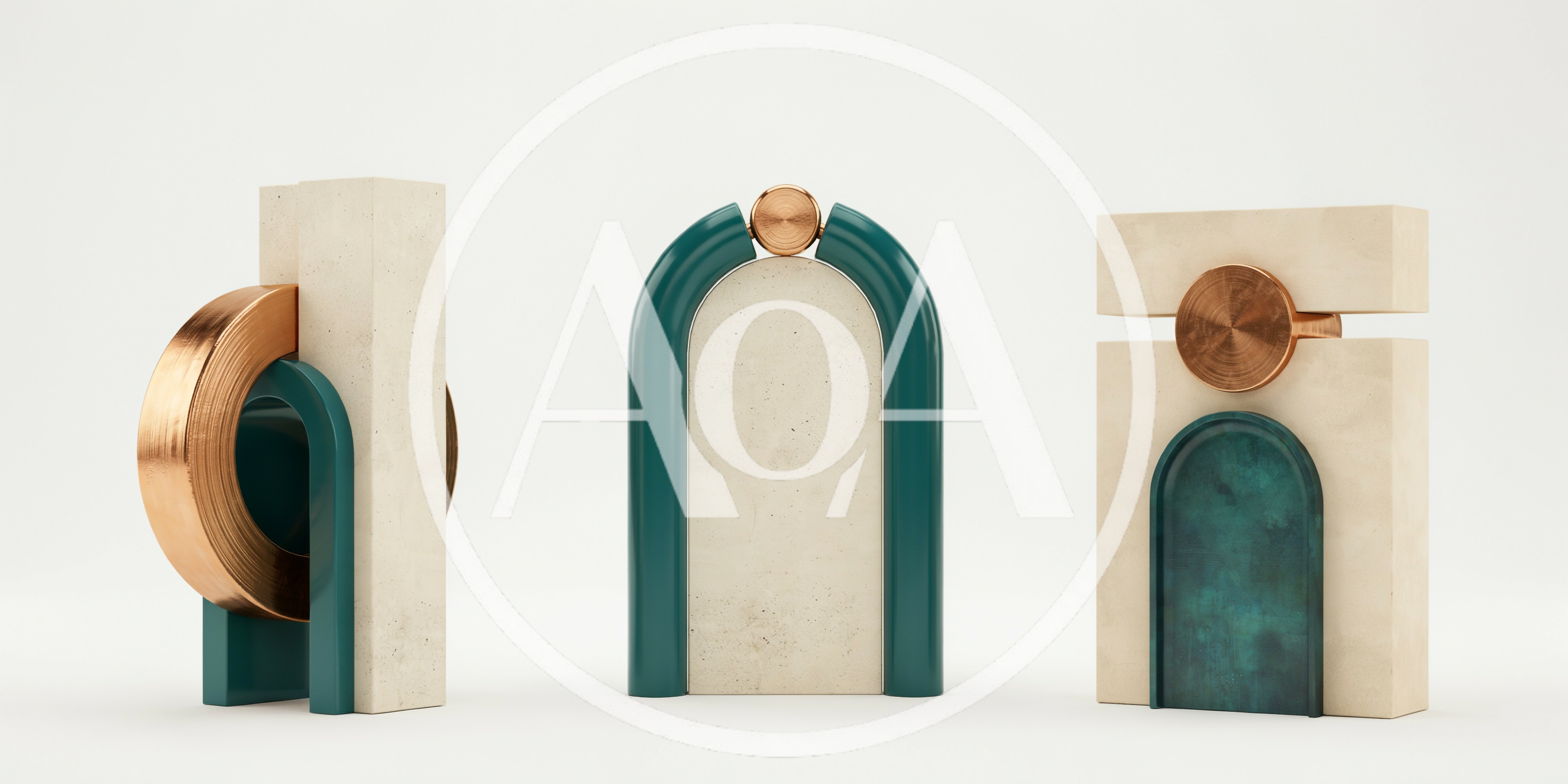 Abstract Geometric Sculptures With Teal And Copper Accents