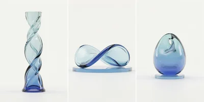 Three Abstract Blue Glass Sculptures On White Background