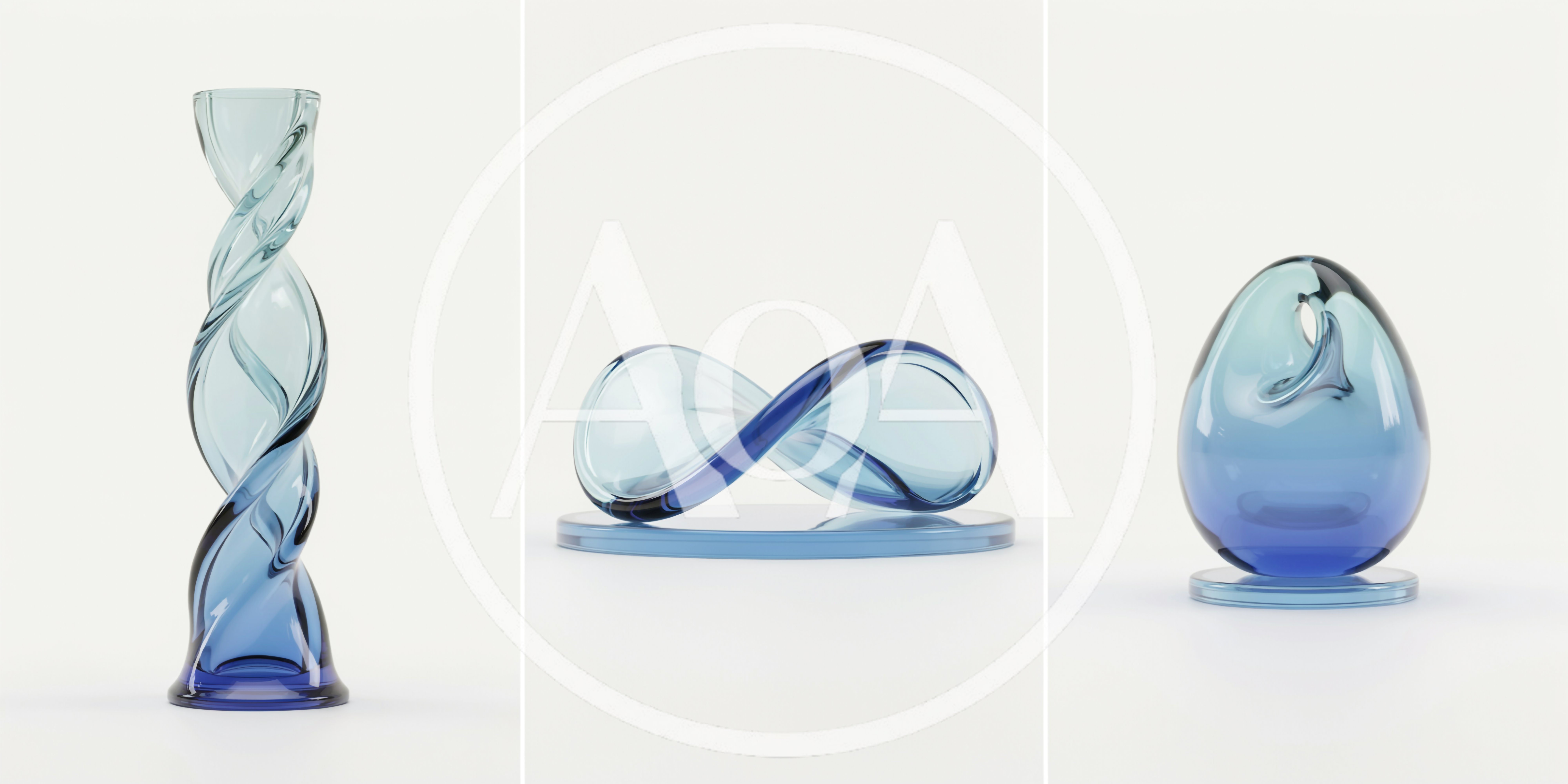 Three Abstract Blue Glass Sculptures On White Background